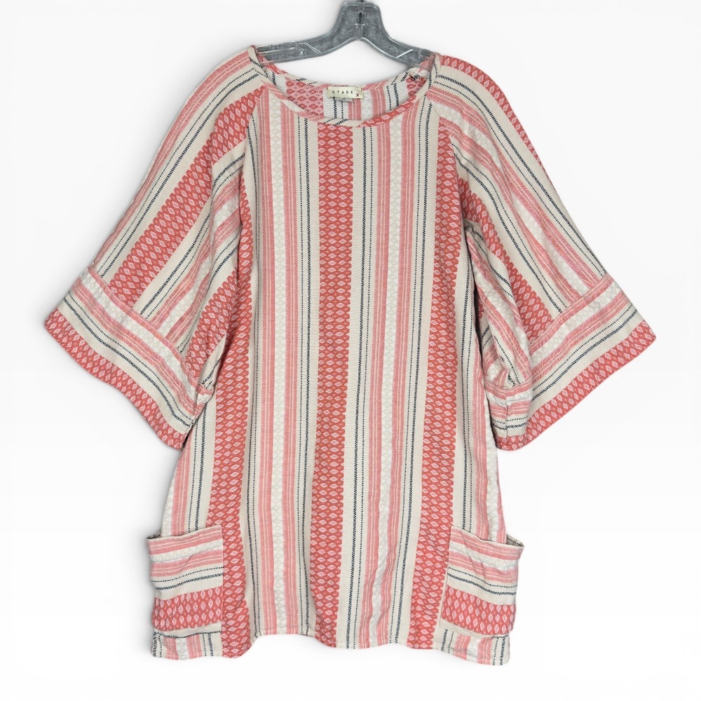Stark X Mini Dress 100%‎ Cotton XS Coral Pink Striped Boho Wide Sleeve Pockets